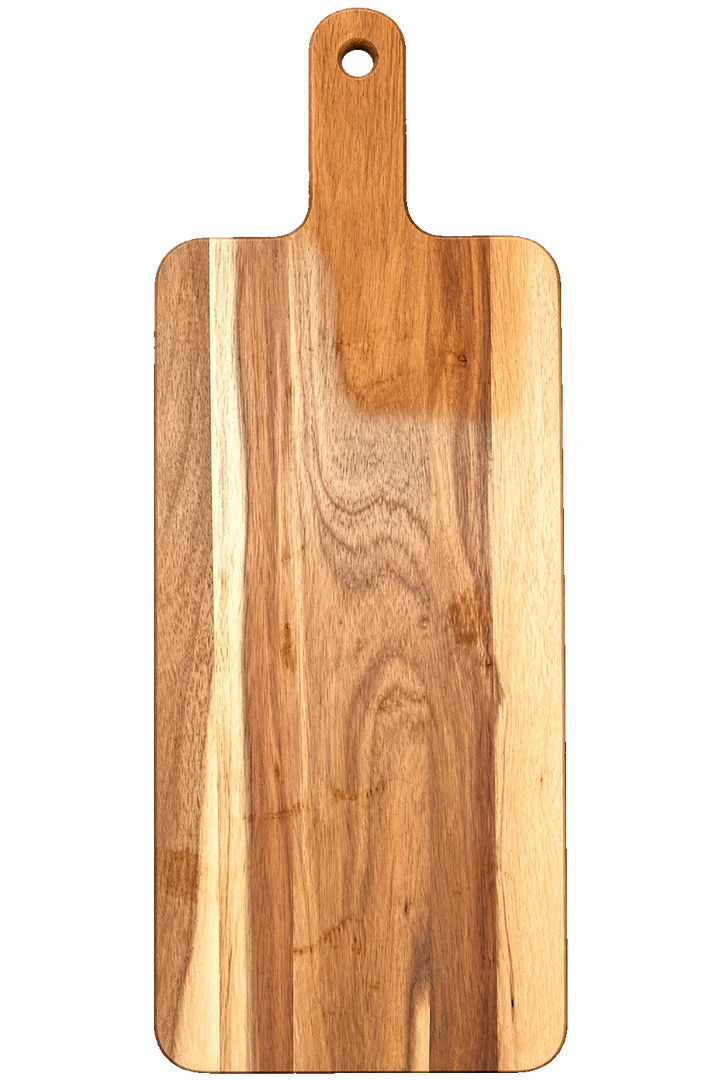 Long acacia paddle board with a handle and hang hole