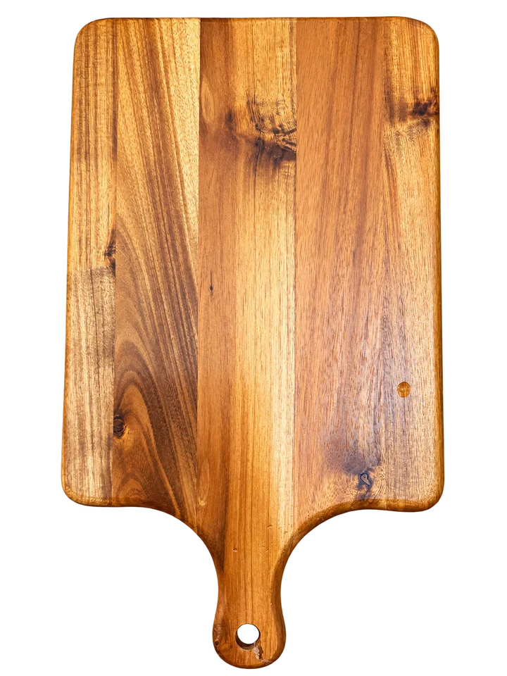 Wood serving board with a rounded handle and hang hole