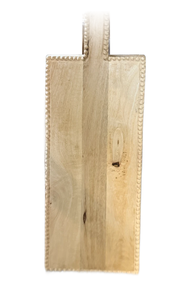 Mango wood serving board with a carved beaded edge and a handle
