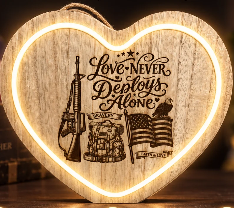 Wood heart engraved with Love Never Deploys Alone