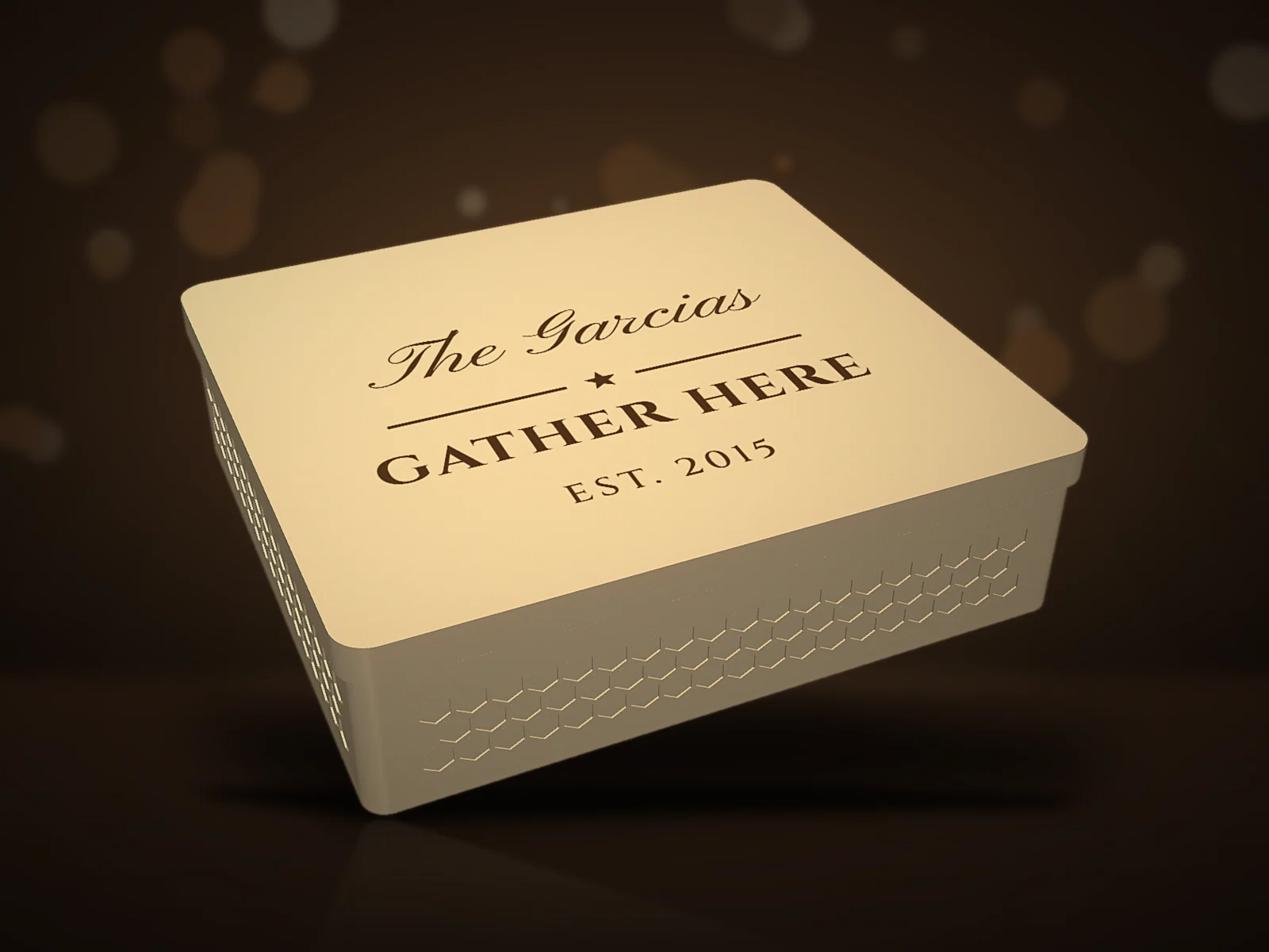 Host Set box lid lettered The Garcias, Gather Here, Est. 2015